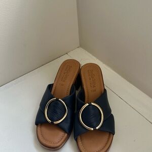 Bella Vita Navy Leather Slide Mules with Gold Ring Accent